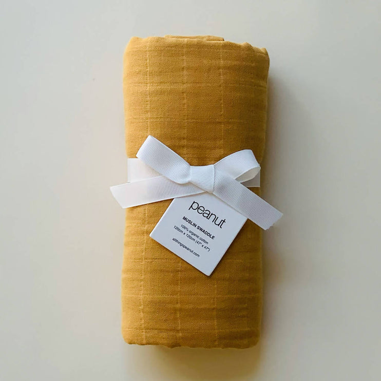 100% Organic Cotton Muslin Swaddle Wrap Blanket - Mustard
