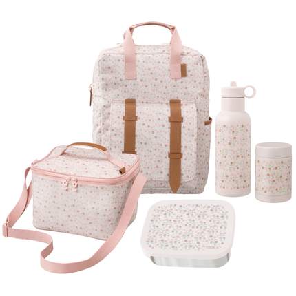 Full school set including backpack, lunch bag, water bottle and food containers with a floral print