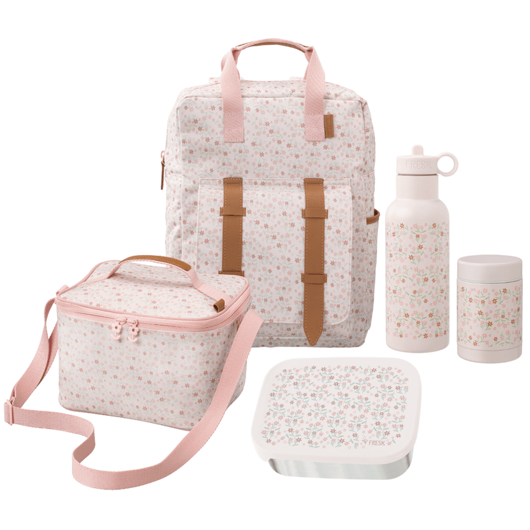 Full school set including backpack, lunch bag, water bottle and food containers with a floral print