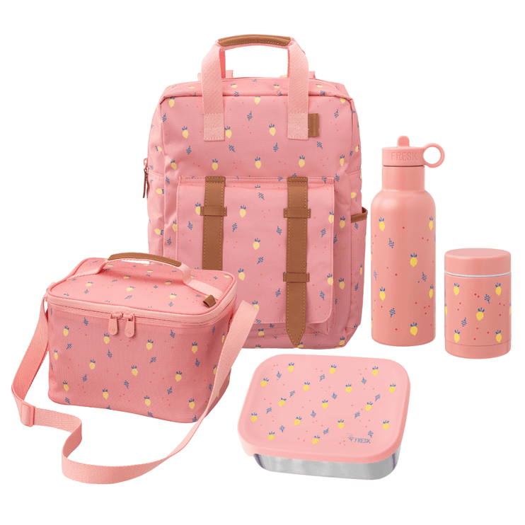 pink school set for kids in summer fruit print