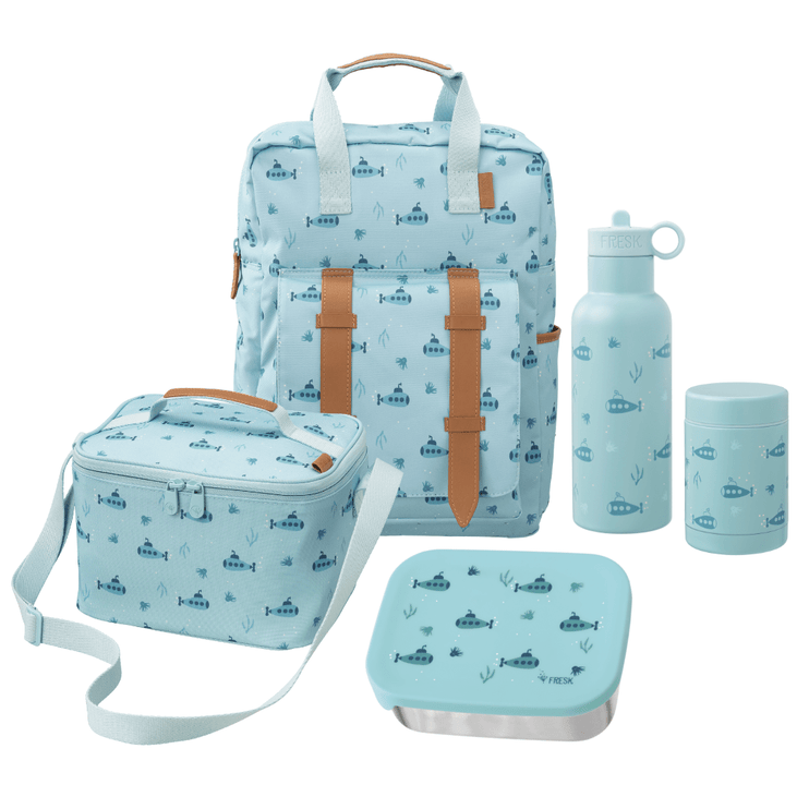full school set for kids including backpack, lunch bag, food containers, and water bottle in submarine print
