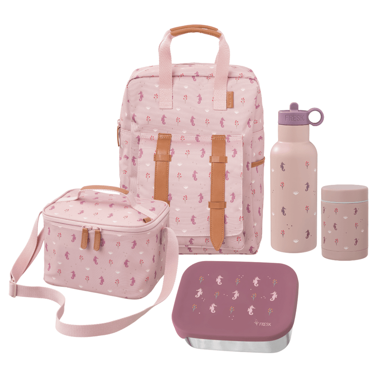 Pink patterned backpack, lunch box, water bottle, and container set 