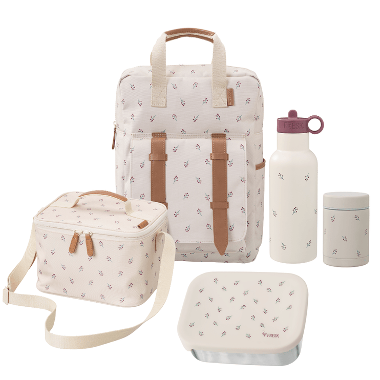 full school set including backpack, water bottle, lunch bag, and food containers in berries print