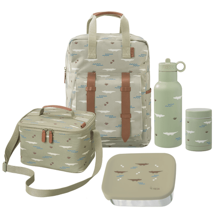 complete school set including backpack, lunch bag, water bottle and food containers in crocodile print