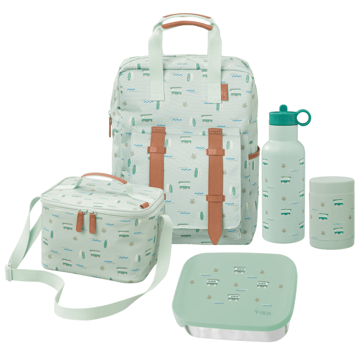 school set for kids including backpack, lunch bag, food containers and 500ml water bottle in surf boy print