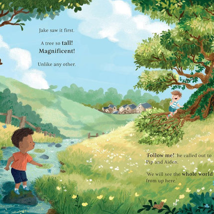 Illustration of two children by a stream with a large tree and scenic background