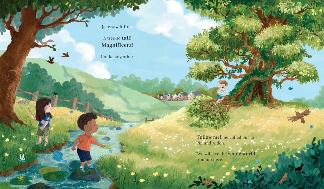 Illustration of two children by a stream with a large tree and scenic background