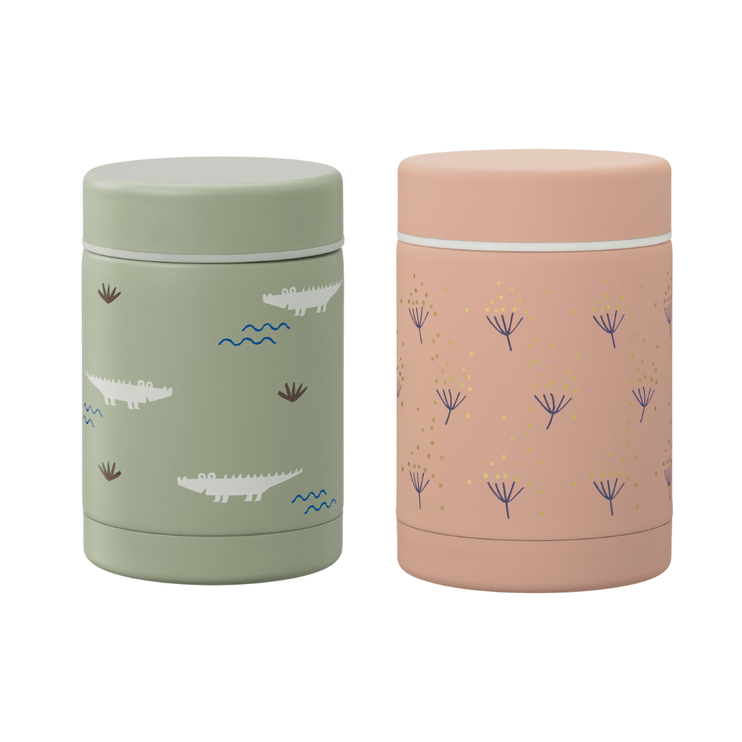 Two thermos containers, one green with crocodile design and one pink with floral design