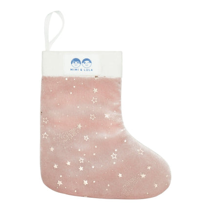 Pink Christmas stocking with star pattern and Mimi & Lula branding on a white background