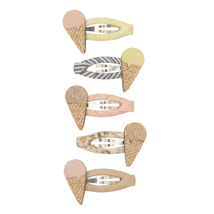 Set of ice cream cone-shaped hair clips on a white background