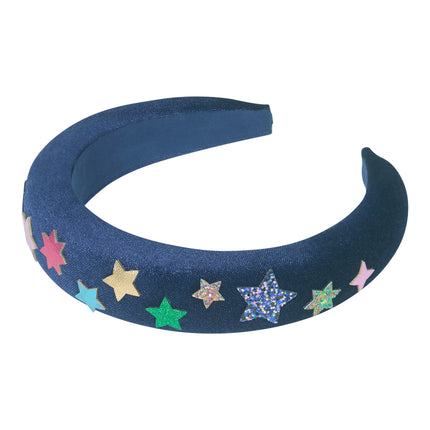 Navy blue headband with colorful star-shaped embellishments on a white background