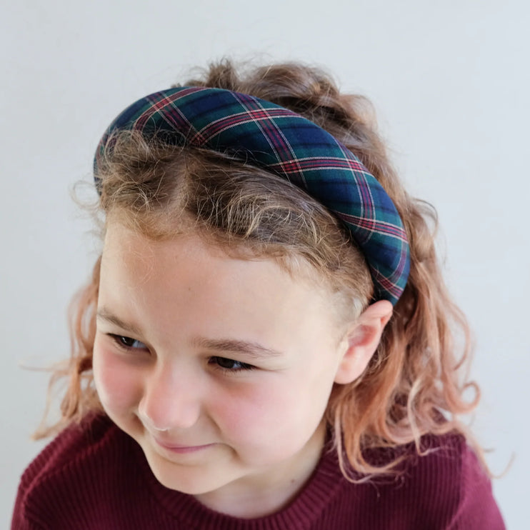 kid wearing the padded tartan alice headband