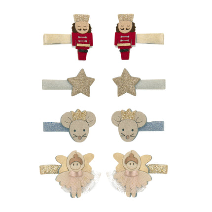 Set of mini hair clips featuring Nutcracker, Mouse King, and Fairy designs on a white background.