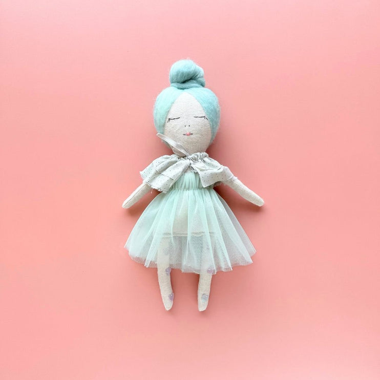 Ava handmade ballerina doll wearing turquoise tutu