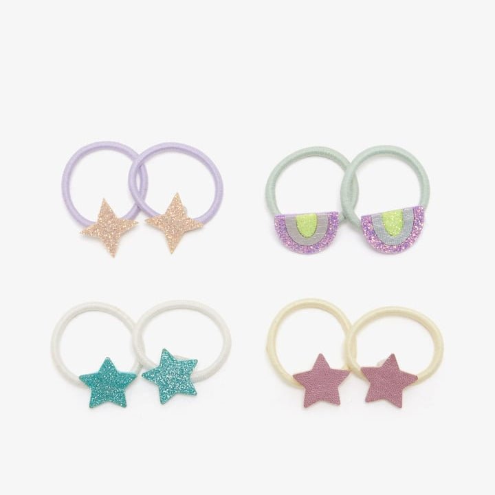 Six pastel hair ties. The set includes lavender and pale yellow star-shaped ties, mint green and lavender half-moon ties with glittery purple trim, white and light blue glittery star ties, and cream and dusty pink star ties.