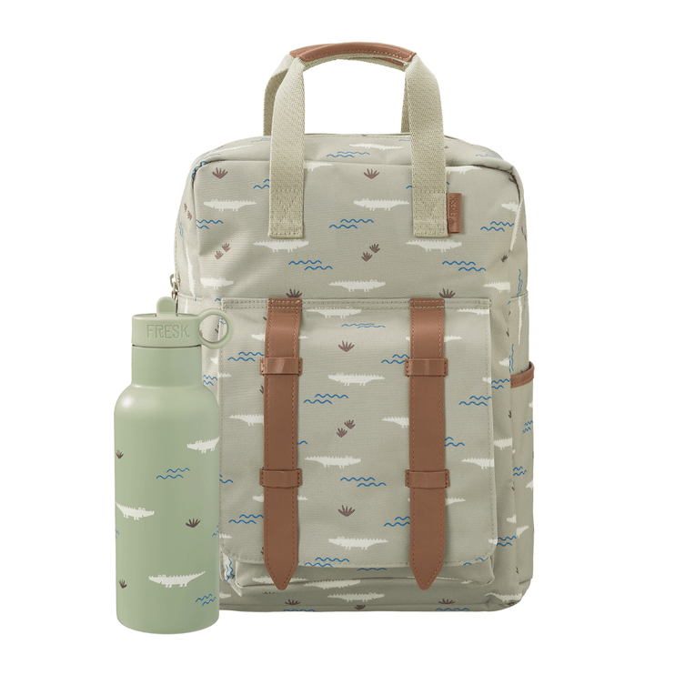 Backpack with crocodile design and a matching water bottle 