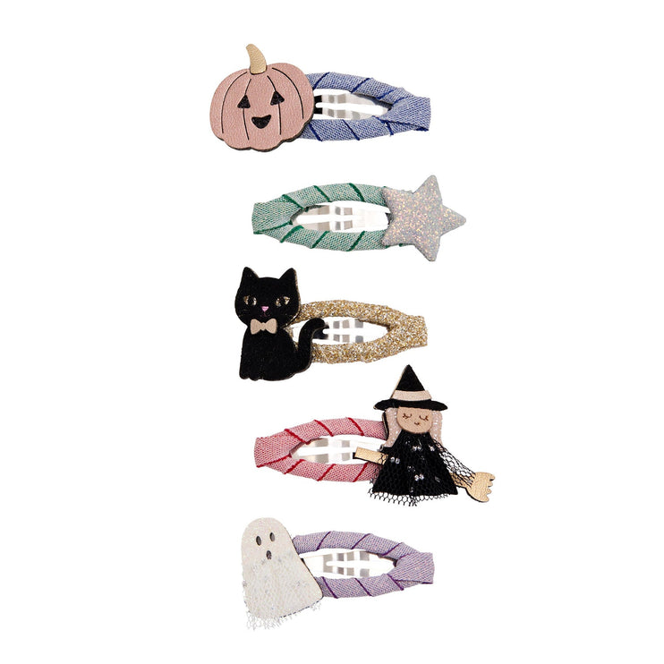 Five Halloween-themed hair clips  featuring a pumpkin, star, black cat, witch, and ghost design.