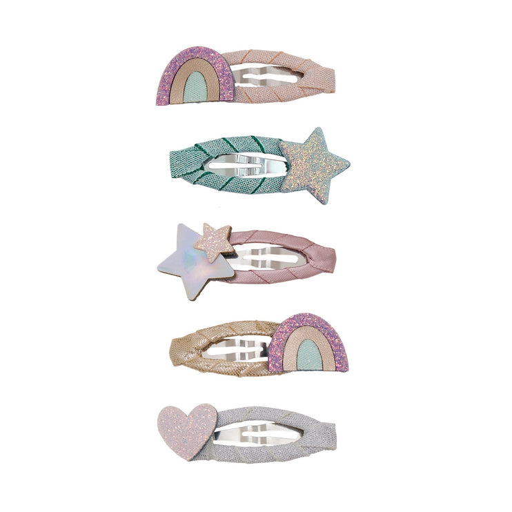 Five pastel hair claw clips, each featuring a different decorative shape including rainbow, leaf, star, and heart designs in glittery and textured finishes.