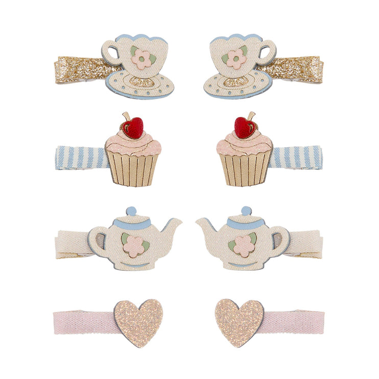 A set of six pastel-themed hair clips featuring teacups, cupcakes, teapots, and glittery hearts 