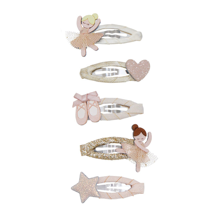 Five ballet-themed hair clips featuring glittery and fabric designs with ballerina, heart, ballet shoes, and star motifs.