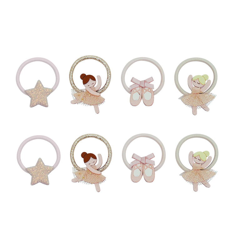 Eight hair ties The designs include glittery star charms, ballerina figures in circular and oval frames, pink ballet shoe charms with bows, and glittery star and ballerina designs in pale pink, champagne, cream, and mint tones.