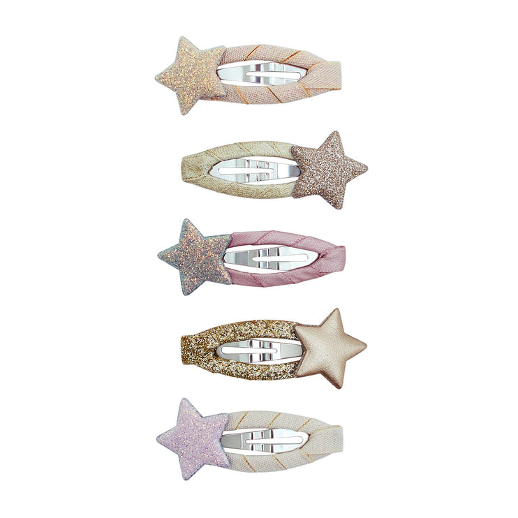 Five hair claw clips featuring star and curved ribbon designs in pastel shades of pink, gold, and silver.