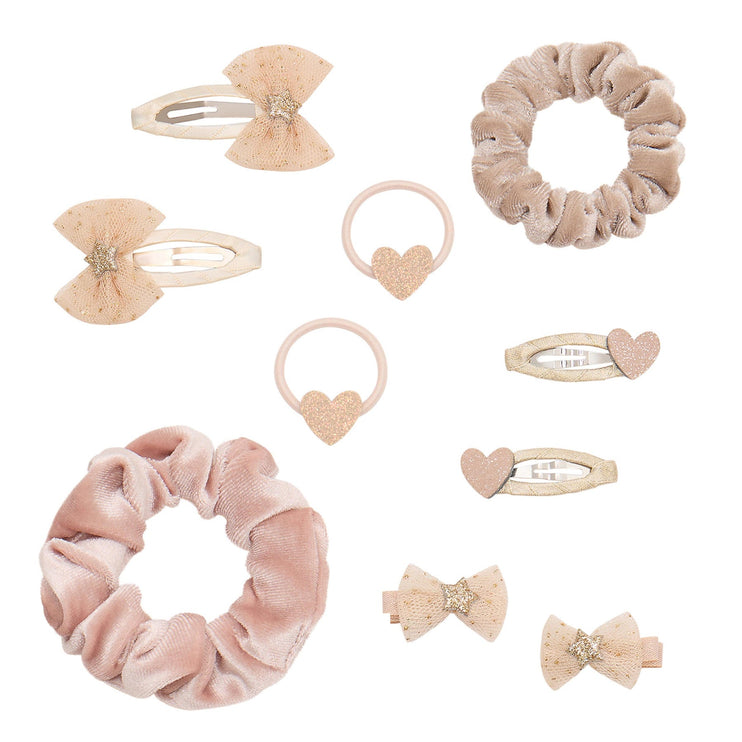 A set of pastel hair accessories, including two scrunchies, two bow clips, two heart-shaped hair rings, and two heart barrettes in soft blush, beige, and dusty pink tones.
