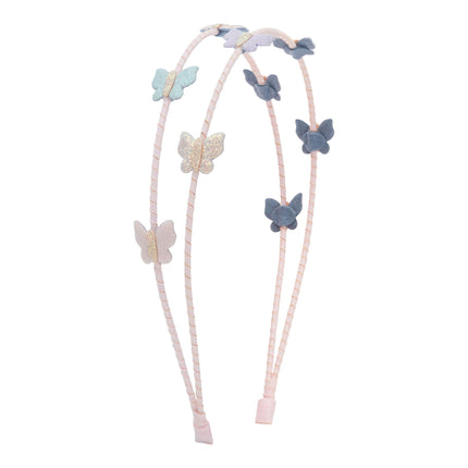 A double-strand light pink braided headband with butterfly charms in pastel blue, lavender, and glittery gold