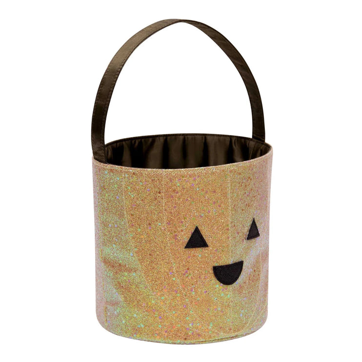 Halloween-themed bucket with a jack-o'-lantern face on a white background
