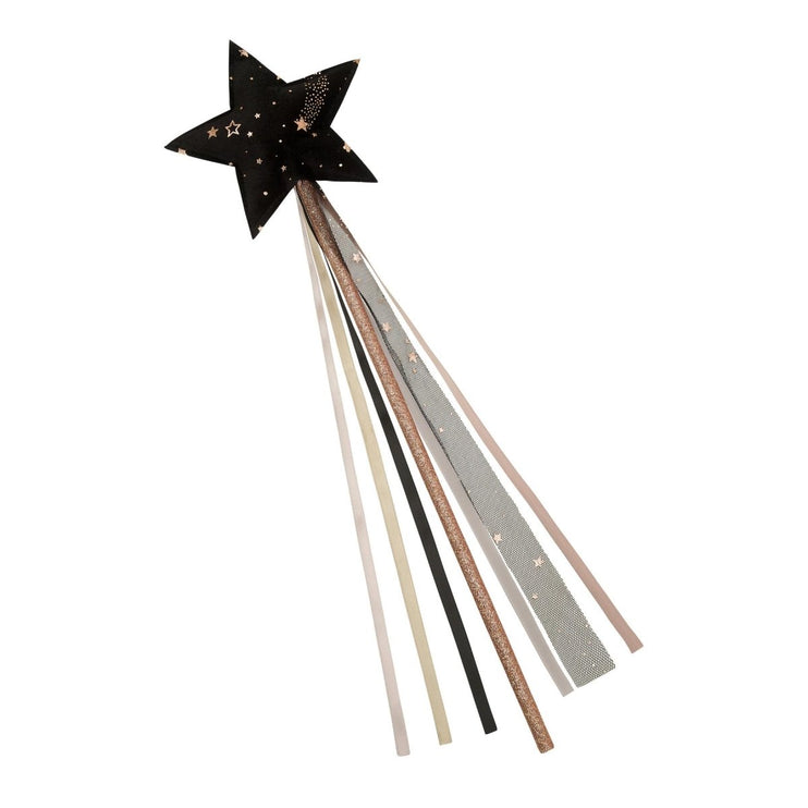 A black star wand topper with gold glitter accents and multiple hanging ribbons in black, beige, rose gold, silver, and blush pink