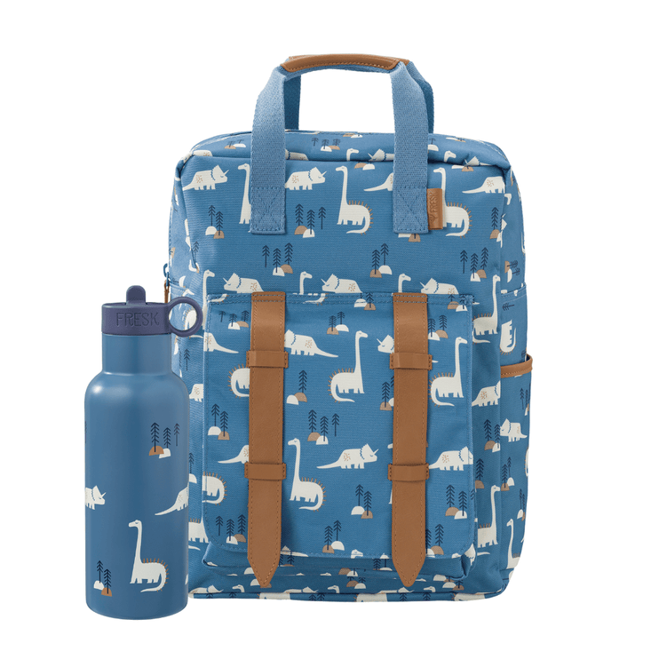 Blue backpack with dinosaur pattern and matching water bottle 