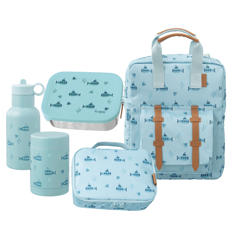 nursery set for kids including backpack, lunch bag, lunch box, water bottle and food jar in submarine print