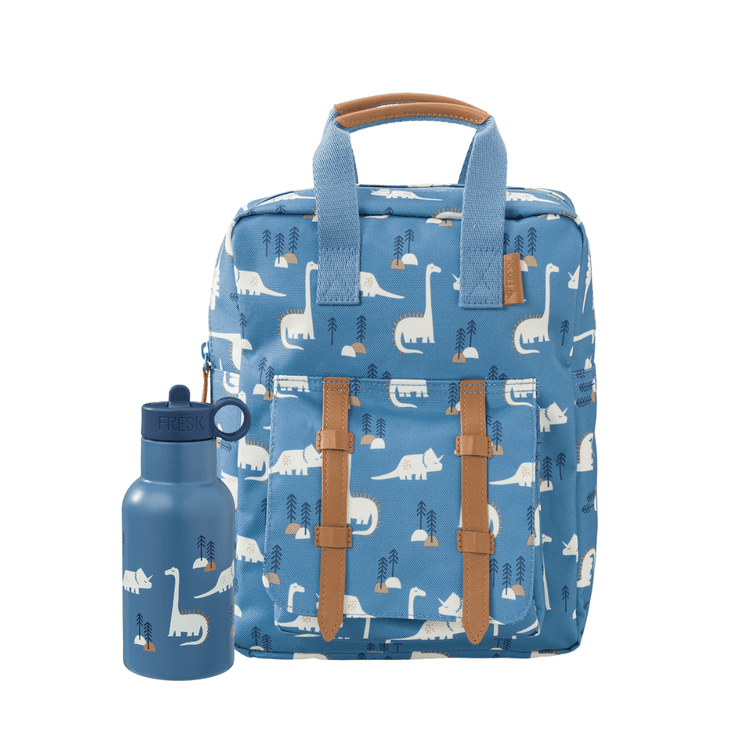 Blue backpack with dinosaur pattern and matching water bottle 
