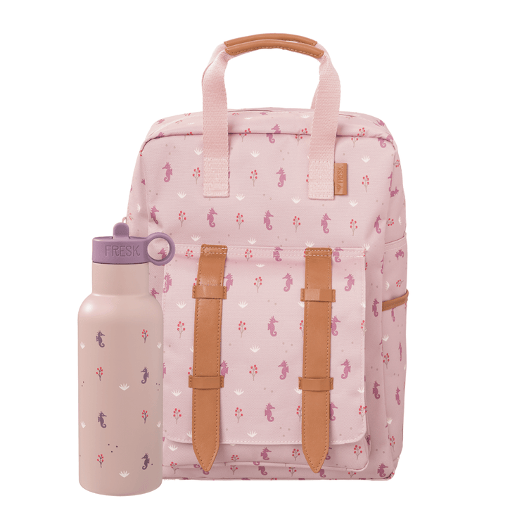 Pink backpack with floral pattern and matching water bottle 