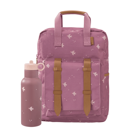 Pink backpack with bird pattern and a matching 500ml water bottle 
