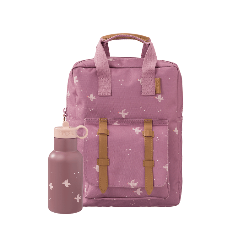 Pink backpack with bird pattern and matching water bottle 