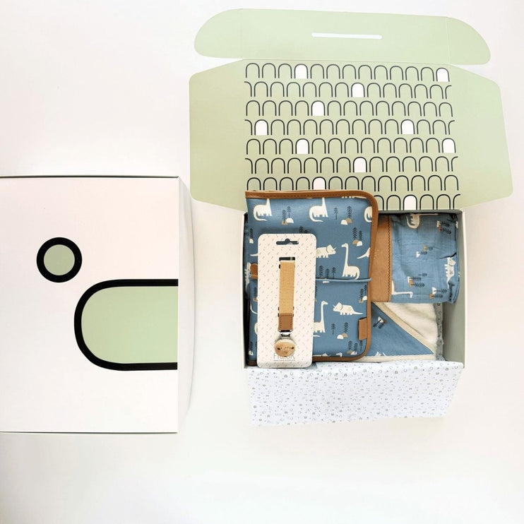 dino baby gift box with towel pacifier clip, and muslin cotton wash cloth matching