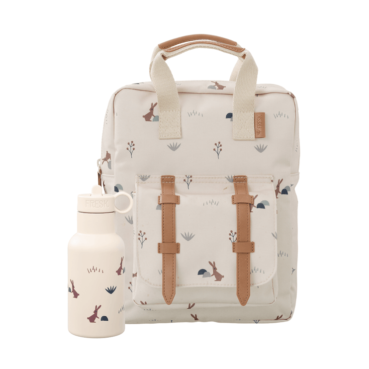 Backpack with rabbit pattern and matching water bottle 