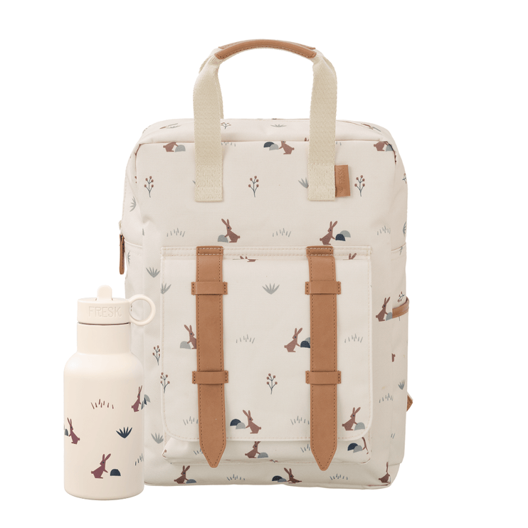 Backpack with water bottle featuring animal pattern 
