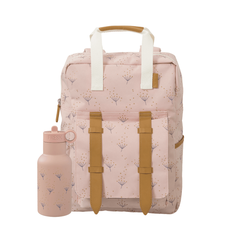 Pink backpack with floral pattern and matching water bottle 