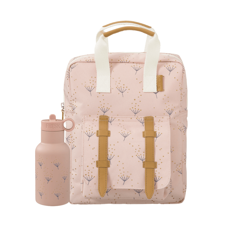 Pink backpack with floral pattern and matching water bottle