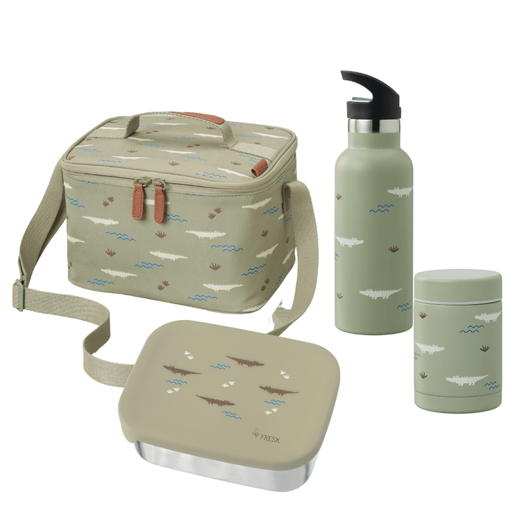 Set of lunch bag, water bottle, and containers with crocodile design