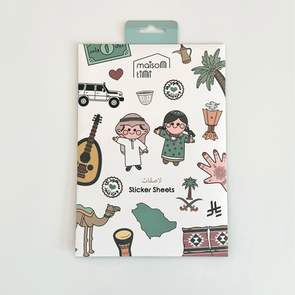 Sticker sheet packaging with illustrations and 'maison tat' branding on a white background