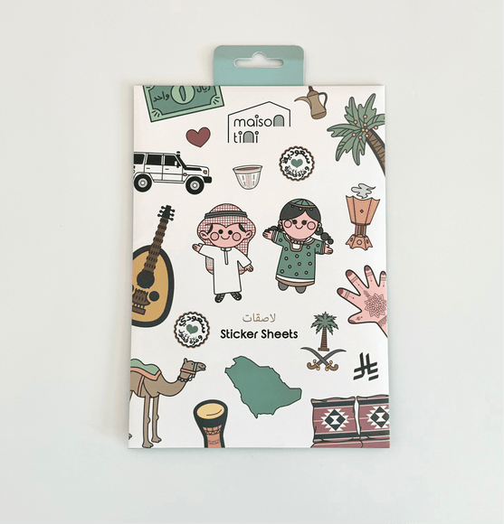Sticker sheet packaging with illustrations and 'maison tat' branding on a white background