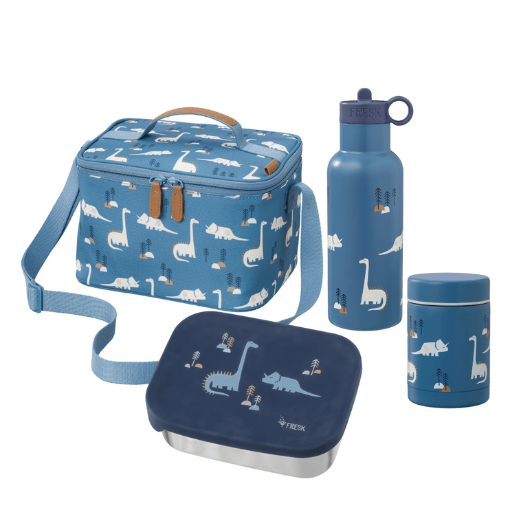 Set of blue lunch bag, bottle, and containers with dinosaur pattern