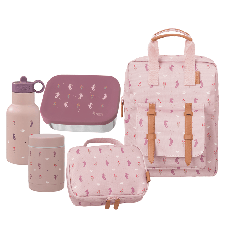 nursery set for kids with seahorse print including backpack, water bottle, lunch box and food jar