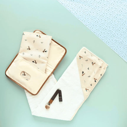 Baby care set with changing pad, and towel, with pacifier clip 