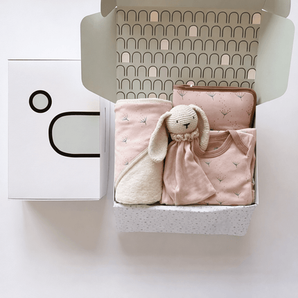 Baby gift set with pink baby clothes and plush toy in a box on a white background