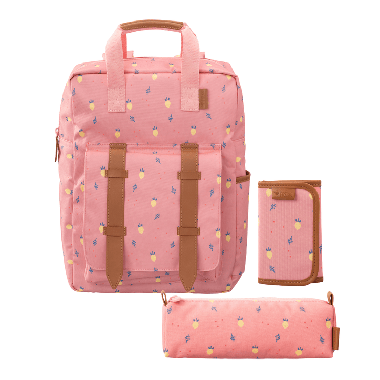 Pink backpack with summer fruit and brown straps, accompanied by a matching pencil case and wallet