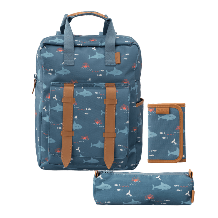backpack, wallet and pencil case in shark print